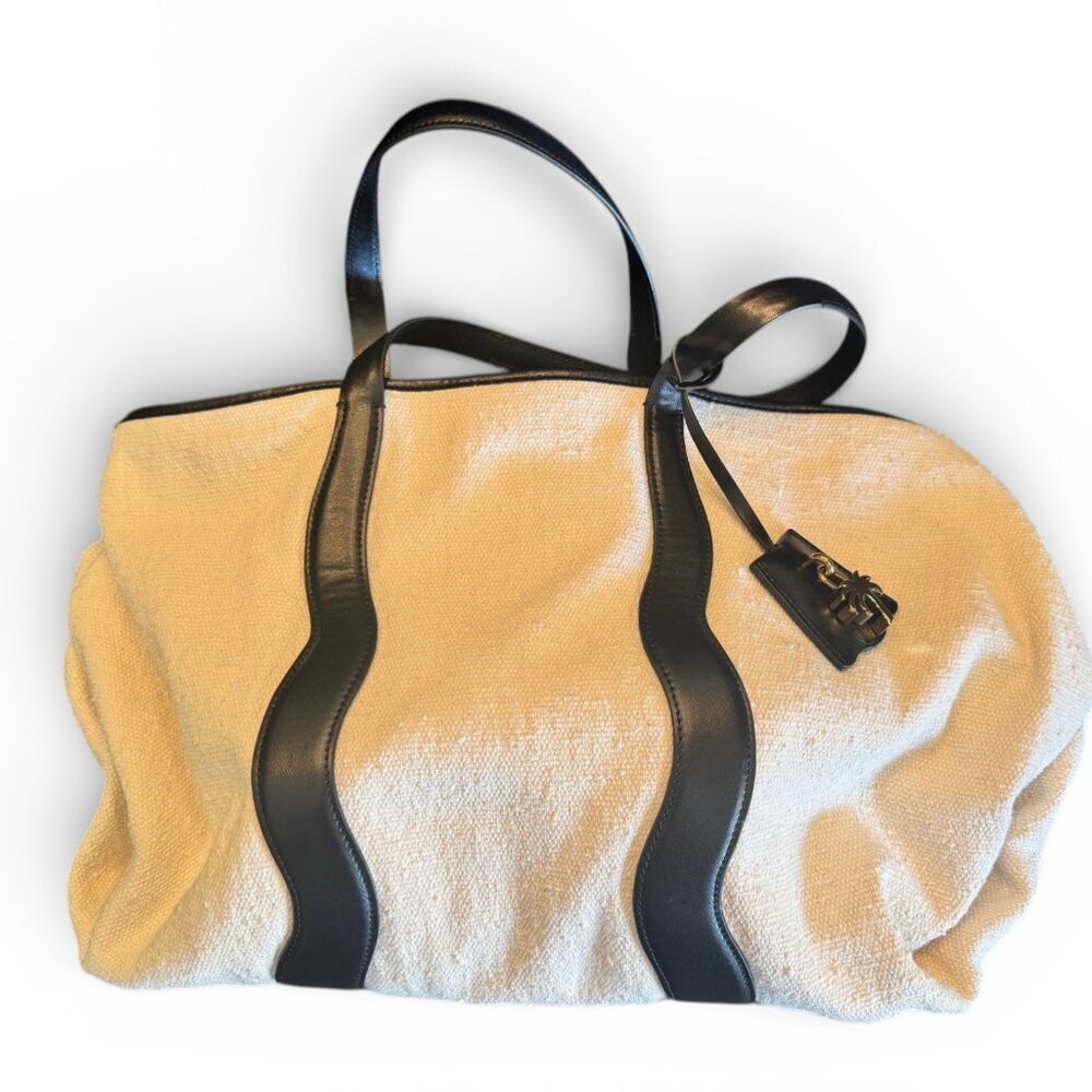 Palm Angels Classic Cabas Tote Bag Canvas Black Leather Trim Palm Charm NWT - Picture 7 of 11